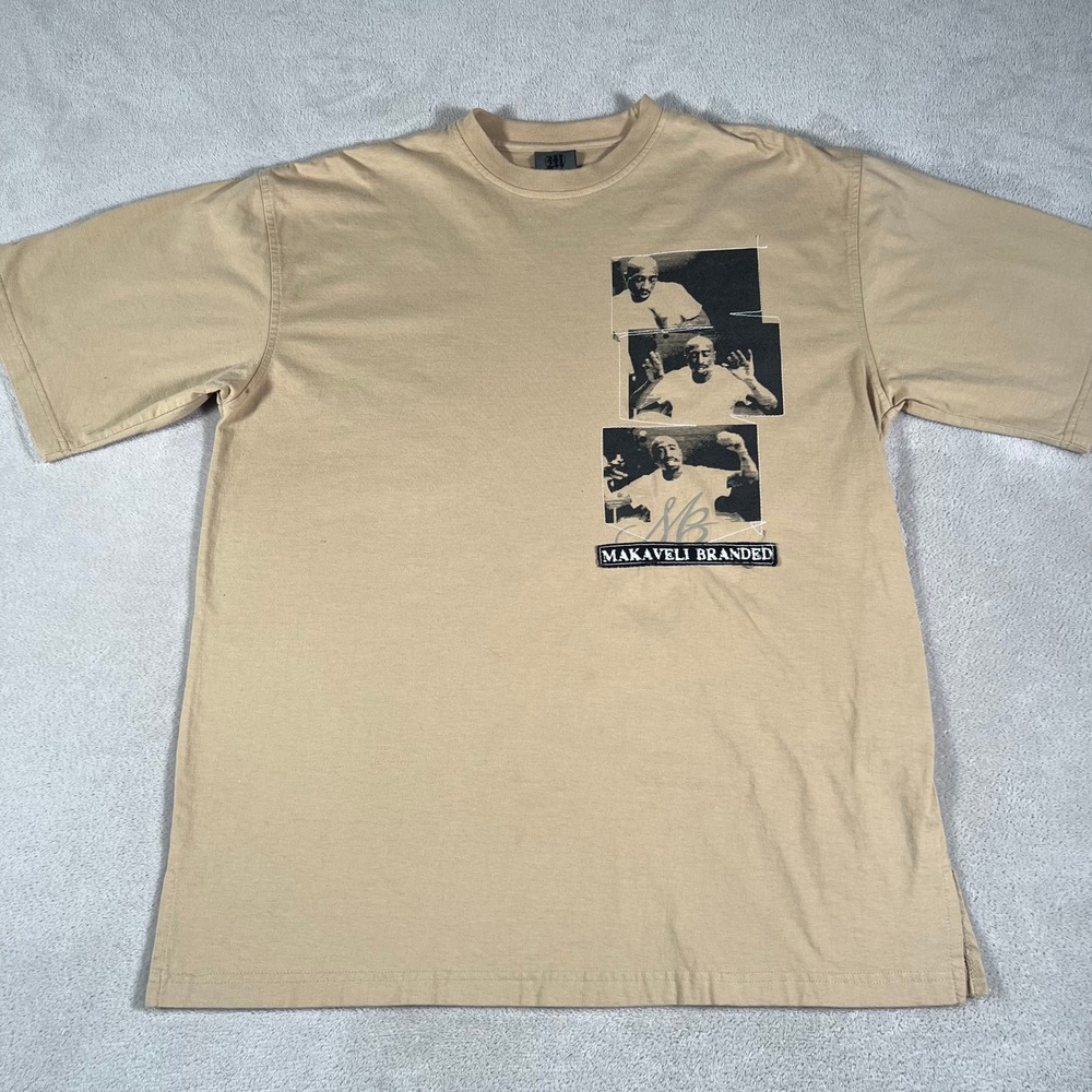 Vintage Y2K Makaveli Branded Tupac Shakur T-Shirt Men's Large Tan 2Pac Hip Hop